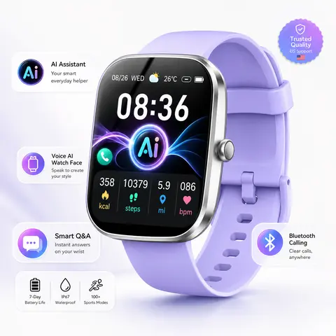 Tukio 1.85" Smart Watch for Men Women, Touchscreen Fitness Tracker with Bluetooth Calling & Music, Sleep Monitoring, Pedometer, Stopwatch, Waterproof Wearable Device