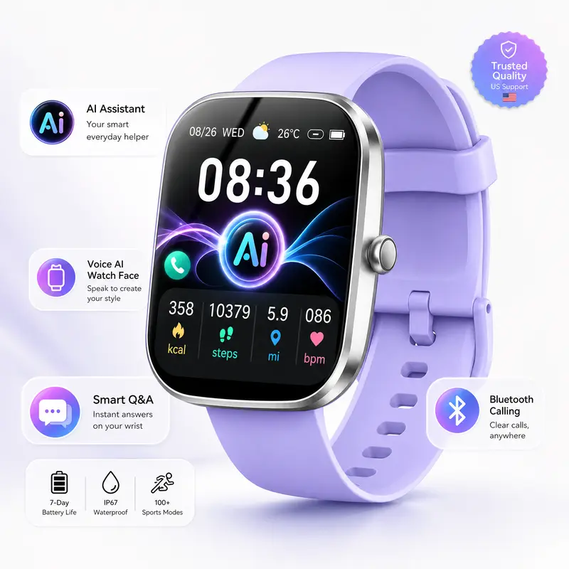Tukio 1.85" Smart Watch for Men Women, Touchscreen Fitness Tracker with Bluetooth Calling & Music, Sleep Monitoring, Pedometer, Stopwatch, Waterproof Wearable Device