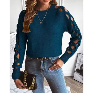 2025 Autumn/Winter Women's Sweater Hollow Stripe Patch Long Sleeve Knitted Hoodie Round Neck Top Knitted Women's Blue Casual Round Neck Minimalism