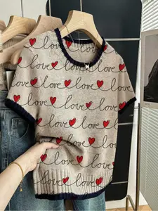 Letter Heart Print Round Neck Sweater, Casual Short Sleeve Knitwear, Comfortable Warm Women's Clothing, Fall & Winter Top, Spring