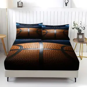 Dark Basketball Bed Sheet Set, Comfortable Printed Pattern, Includes 1 Fitted Sheet & 2 Pillowcases, Anti-Slip Dustproof Cover