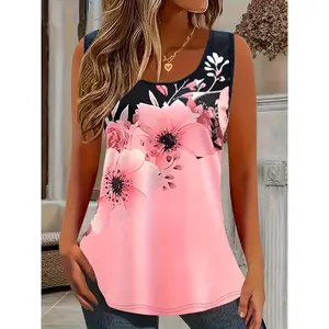 Women'S Plus Size Floral Print Tank Top - Elegant Pink & Black Sleeveless Vest for Summer, Casual Round Neck Design with Vibrant Flower Pattern, Summer Tank Tops Womenswear Knit