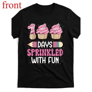 100 Days Sprinkled with Fun Cupcake 100th Day of School T-Shirt -  Men'S & Women'S Black Retro Graphic Tee with Colorful Sprinkles & Cupcake Design, Comfortable Round Neck Short Sleeve Casual Shirt for Back to School, Graduation, Casual Attire -