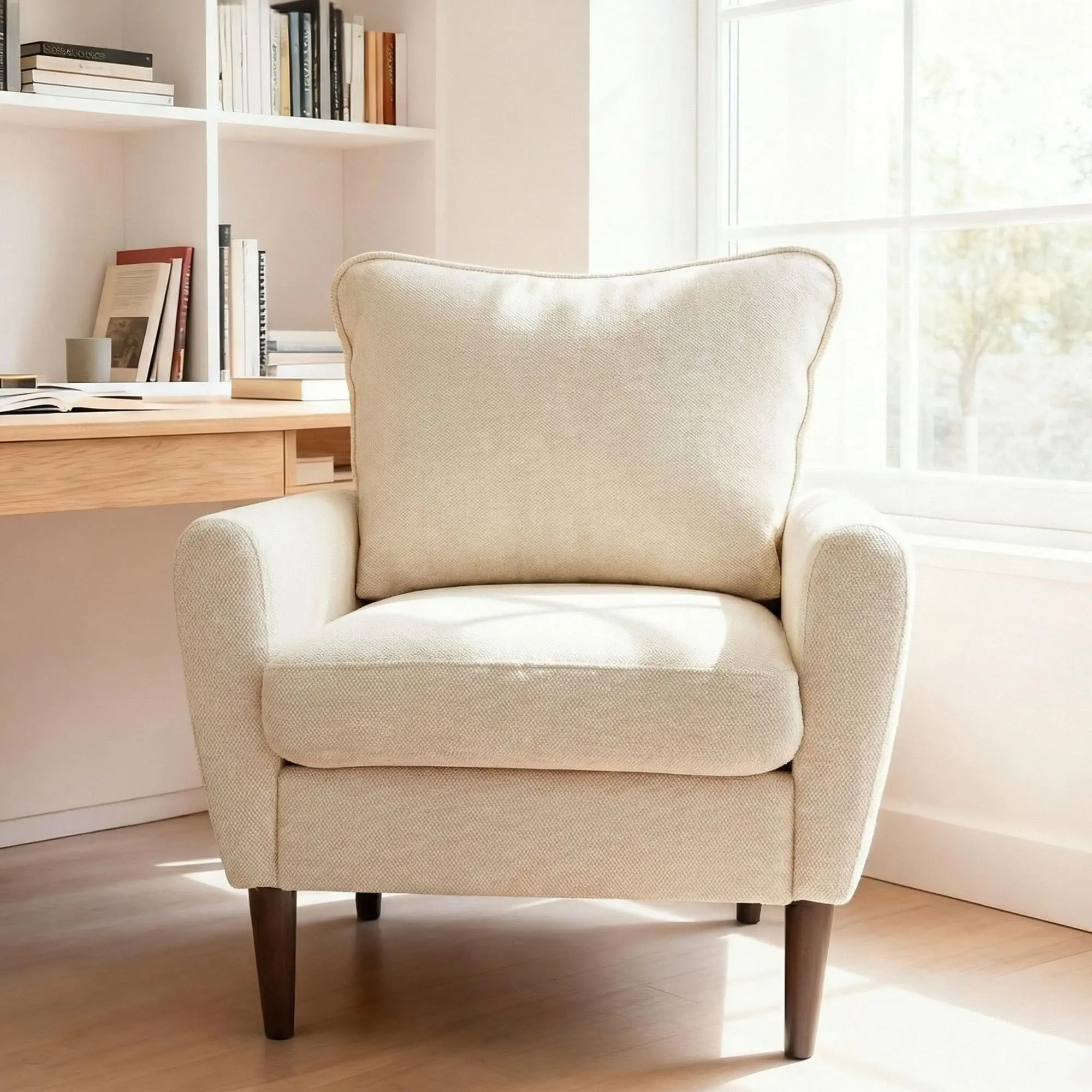 Mid Century Modern Wide Accent Chair, Soft Upholstered Single Lounge Sofa with Pillow & Solid Wood Legs, Comfortable Reading Chair for Living Room Bedroom Office