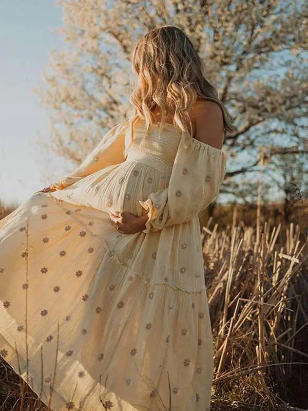 Apricot Daisy Off-Shoulder Ruffle 3/4-Sleeve U-Neck Bohemian Maxi Dress, Maternity Outfits for Photoshoots & Baby Shower Dresses - TikTok Shop Apricot Daisy Off-Shoulder Ruffle 3/4-Sleeve U-Neck Bohemian Maxi Dress, Maternity Outfits for Photoshoots & Baby Shower Dresses - TikTok Shop