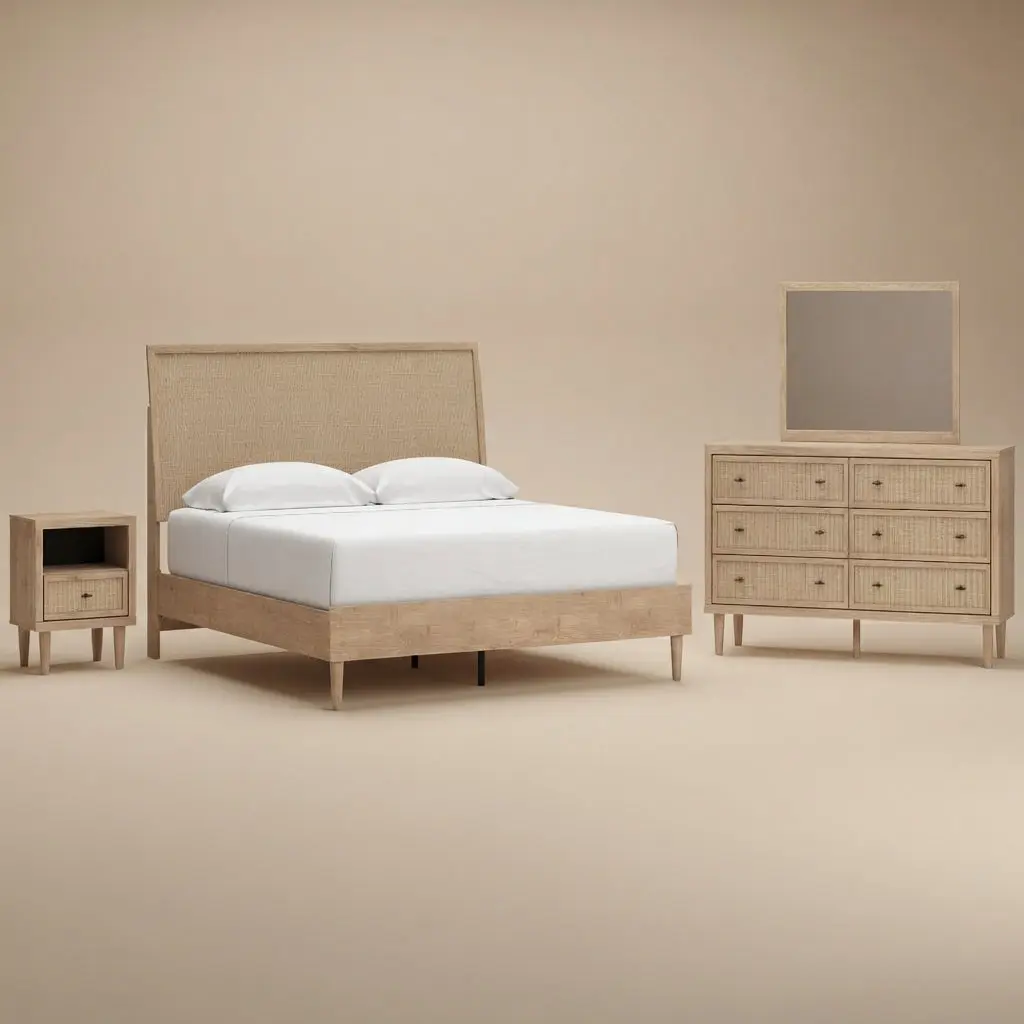 Cielden King Panel Bed with Mirrored Dresser and Nightstand