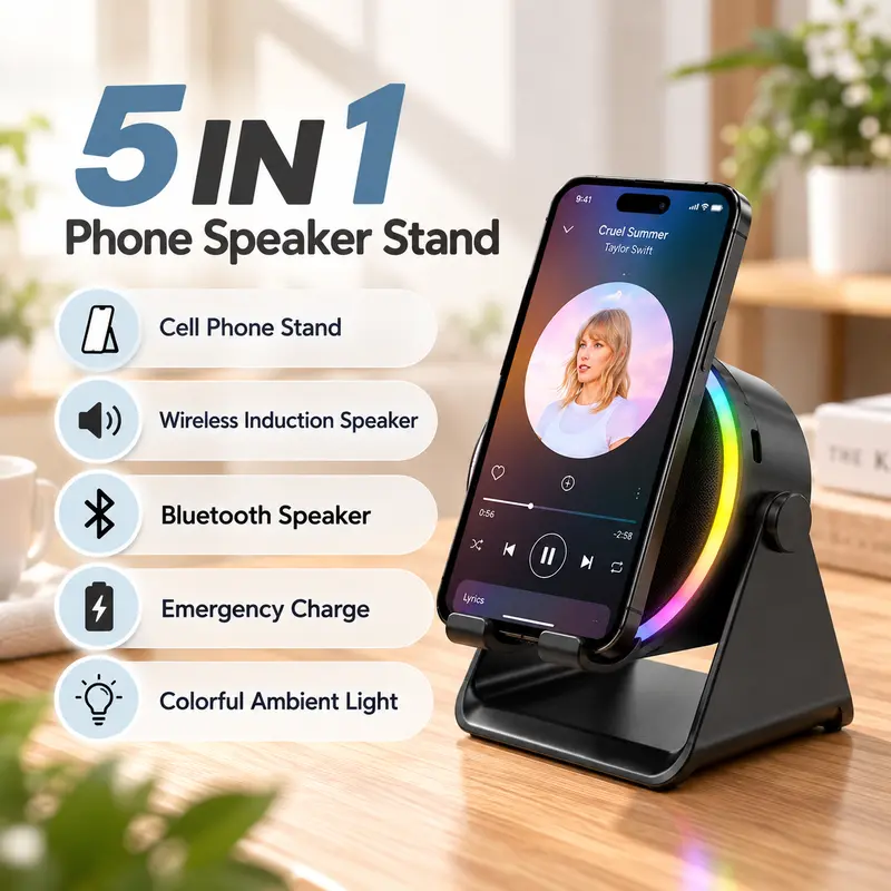 Dohelly 5-in-1 Rechargeable Party Speaker with 360° Rotatable LED Light Stand Rack, 10m Range, Universal Smartphone/Tablet Charger, Surround Sound, Phone Holder, Portable Room Gadget Cool Gift for Adults & Adulting Women, Gifts For Adulting Women