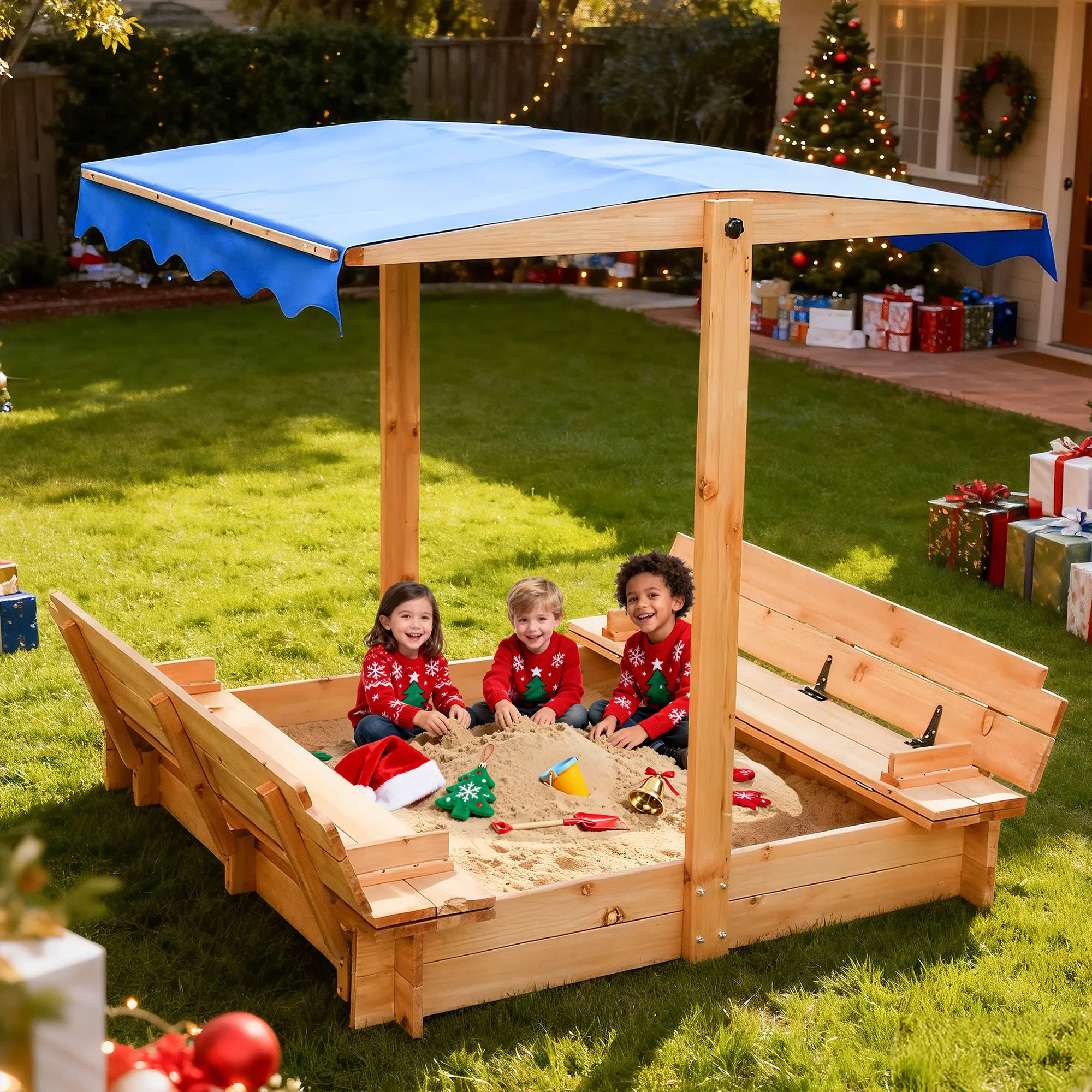 FUNTOK Spacious Sturdy 48in x 48in Kids Wooden Sandbox with Lid, Foldable Bench Seats, Retractable-Rotatable UV-Protection Canopy, 300 Lbs Weight Capacity, for Backyard Playdate, Outdoor Playyard Sandboxes
