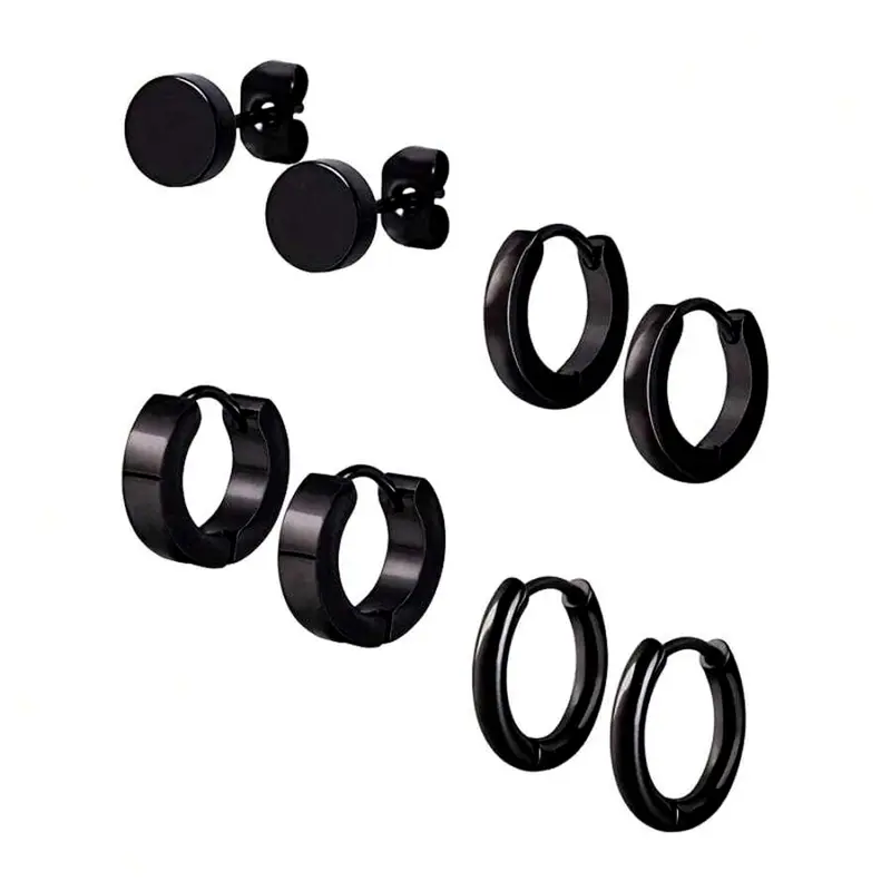 Punk Style Stainless Steel Stud Earrings (4 Pairs), Earring Pack, Plain Color Fashionable Hoop Earrings, Flat Pierced Jewelry, Jewelry for Party, Daily Clothing Decor for Men & Women, Birthday Gift, Earrings Set, Hoop Earring Sets