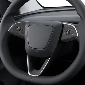 BETTERHUMZ Car Dashboard Steering Wheel Panel Trim Compatible with Tesla Model Y Juniper 2025,for Alcantara Carbon Leather Cover Decor Sticker Car Interior Accessories (Suede Black)