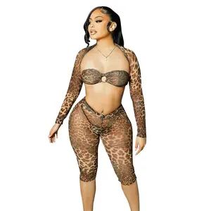 Fashion Leopard Khaki 3 Piece Set Women's Mesh Bustier Crop Top Capri Pants with Long Sleeve Shirt Leggings Fitted Short Outfits for Summer Autumn Clothes Womenswear Check Print Suits