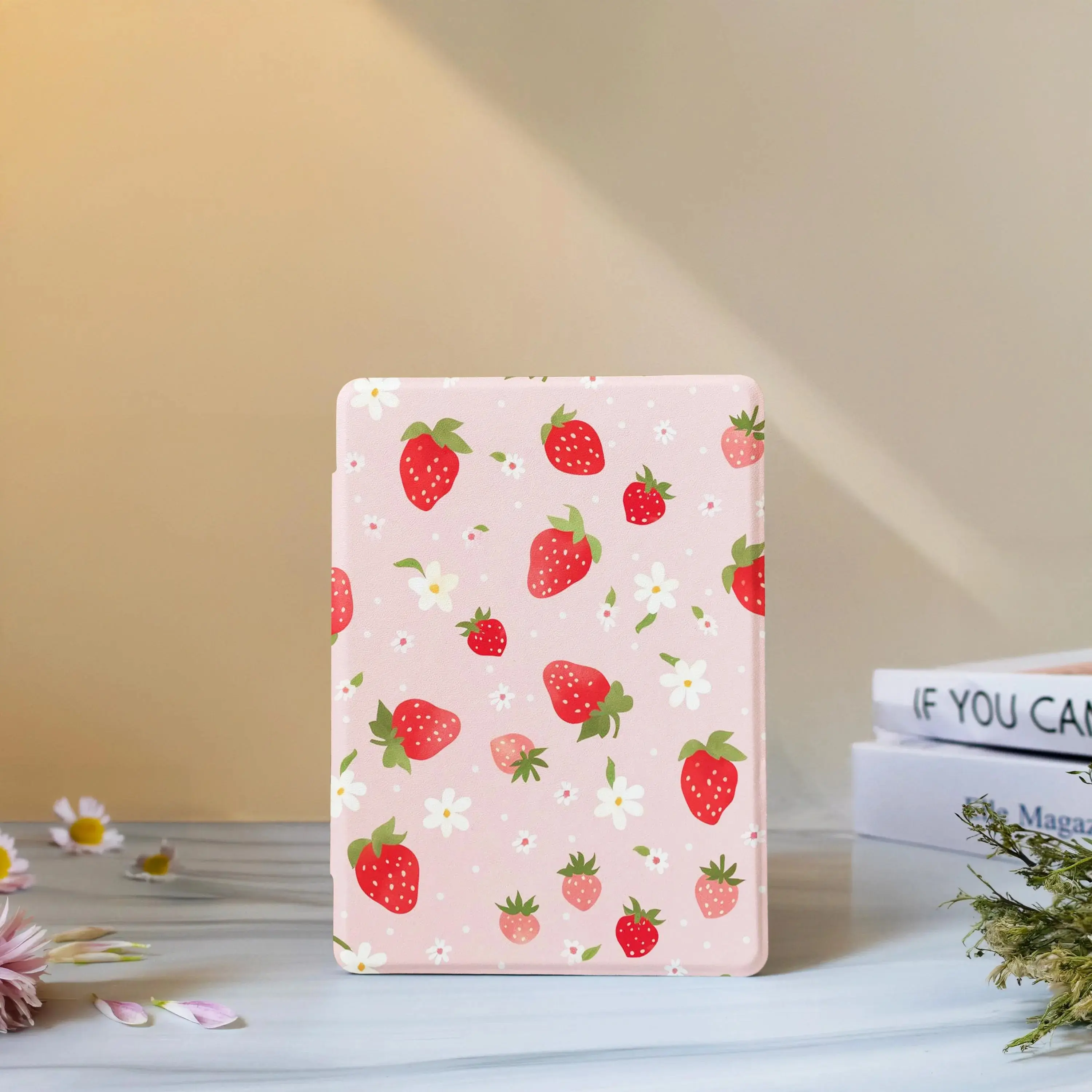 Strawberry Flowers Kindle Case With Hand Strap, Cover for Paperwhite 12th 7”, Kindle 2024, Fire 7, Kobo Clara BW Gift