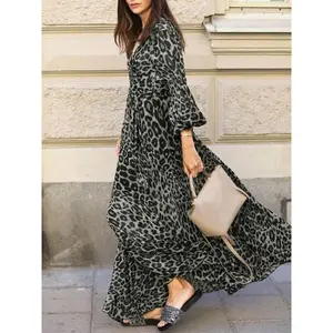 Women's Leopard Print Bishop Sleeve V Neck Dress, Casual Long Sleeve Dress for Daily Wear, Ladies Clothes for All Seasons Womenswear Summer