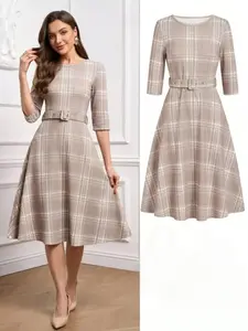 Elegant Floral Printed Women's Dress with Waist Belt, Slim Fit Mid- Sleeve Design, Perfect for Stylish, Comfortable & Chic