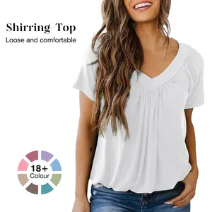 Women's Casual Summer Short Sleeve V Neck Tops T-shirts - Loose Fit & Comfortable Shirring Top