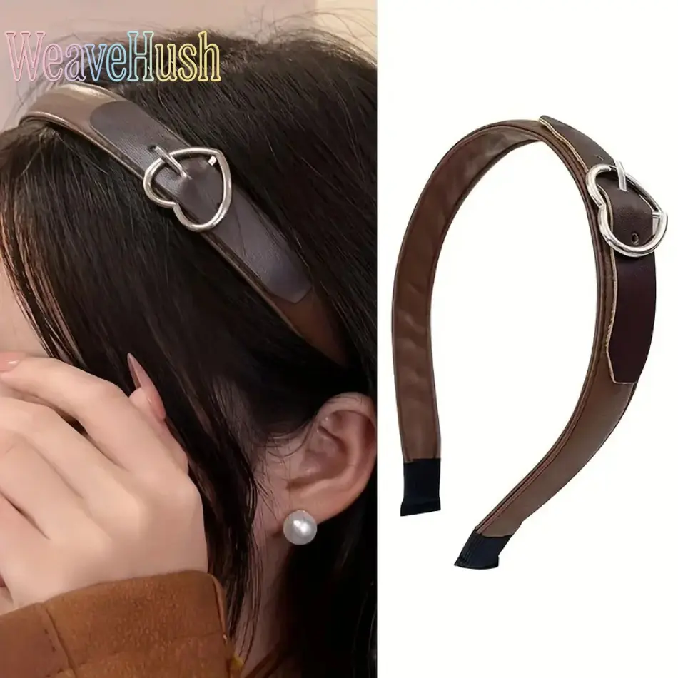 Women's Recycled Synthetic Leather Heart Buckle Elastic Headband - Non-Slip Indoor Recreation Accessory for Daily Makeup, Skincare Routine (Leather Heart Buckle Headband-Brown 1 Pa), Female, Everyday, Heart-Shaped Decorative