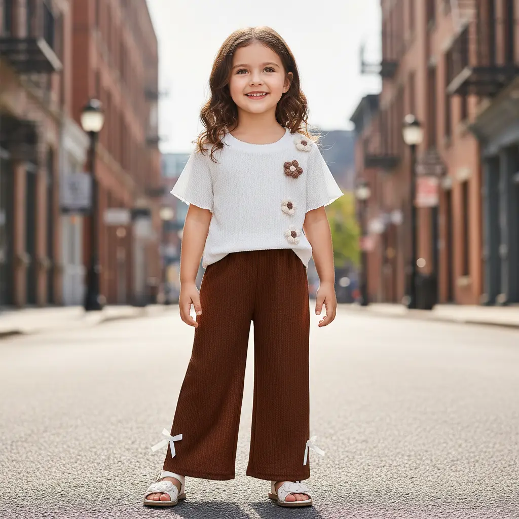 Toddler Little Girls 2-Piece Summer Outfit Set with White 3D Crochet Flower Textured Top and Brown Wide Leg Pants with Bows for Ages 4-7. Stylish Breathable Clothing for Spring Vacations, School Playwear, Family Photos, and Weekend Adventures.