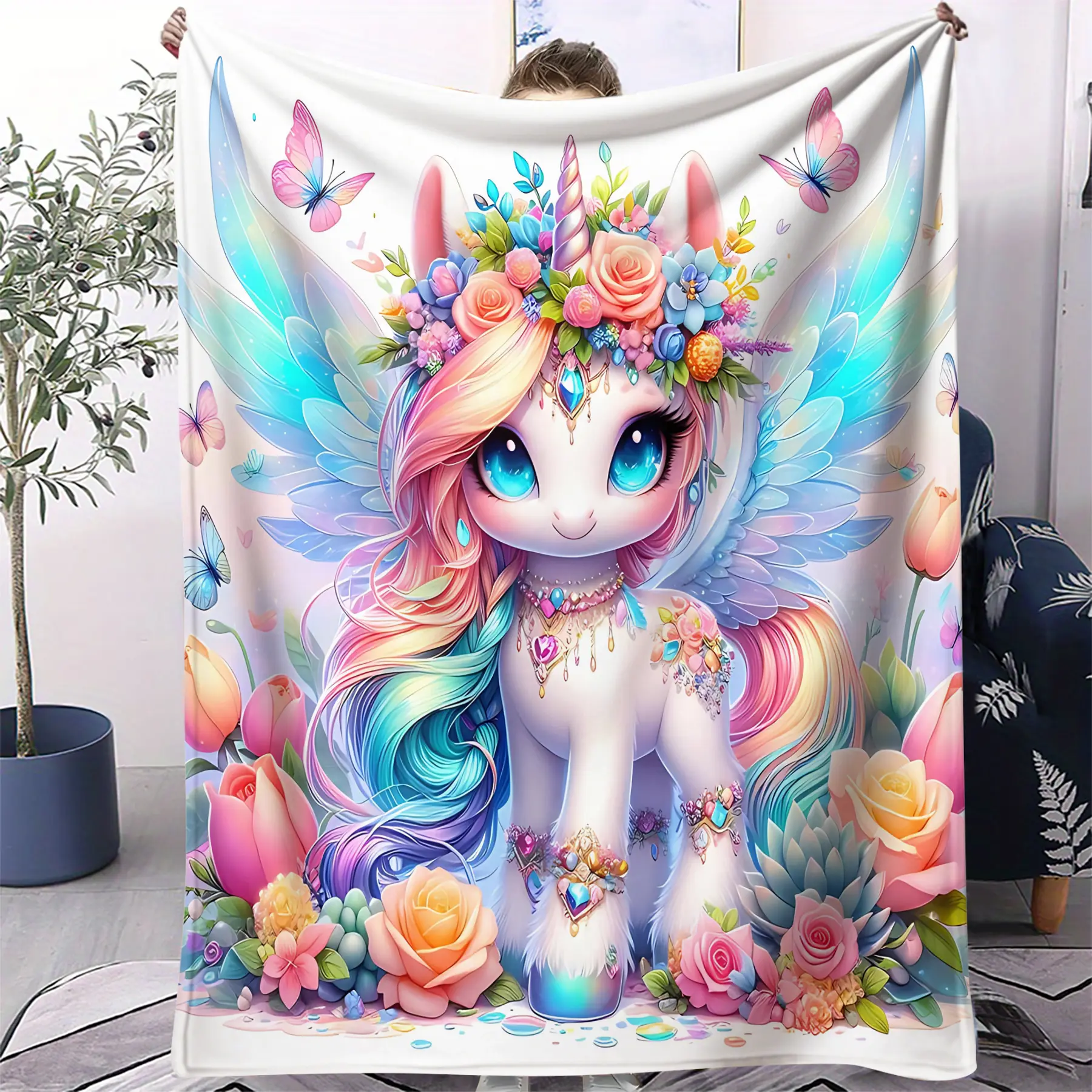 100% Polyester Flannel Flat Weave Childhood Blanket - Dreamy Unicorn Print, Fluffy, Fairytale Charm, Bedroom Use, Ideal Children's Gift (Multiple Sizes)
