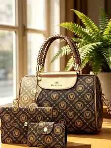 Three-Piece Floral Patchwork Boston Bag, Vintage Luxury Dual-Color Print, Handbag & Crossbody, Ideal for Office, Dates, Daily Commute