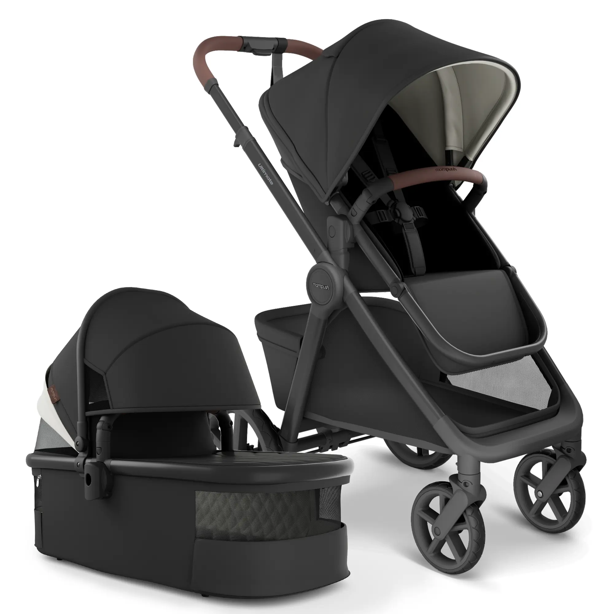 Mompush Ultimate 3 Full-Size Stroller with Bassinet, Newborn to Toddler | Reversible, extendable seat, large all-terrain wheels, full suspension, one-second fold, magnetic harness, UPF50+