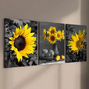 Sunflower Pattern Wooden Framed Canvas Painting, 3 Counts Modern Wall Art Poster, Wall Decor for Home Living Room Bedroom Office Room Decor, Christmas 2024 Ornament, Christmas Gift Ideas, Stocking Stuffers