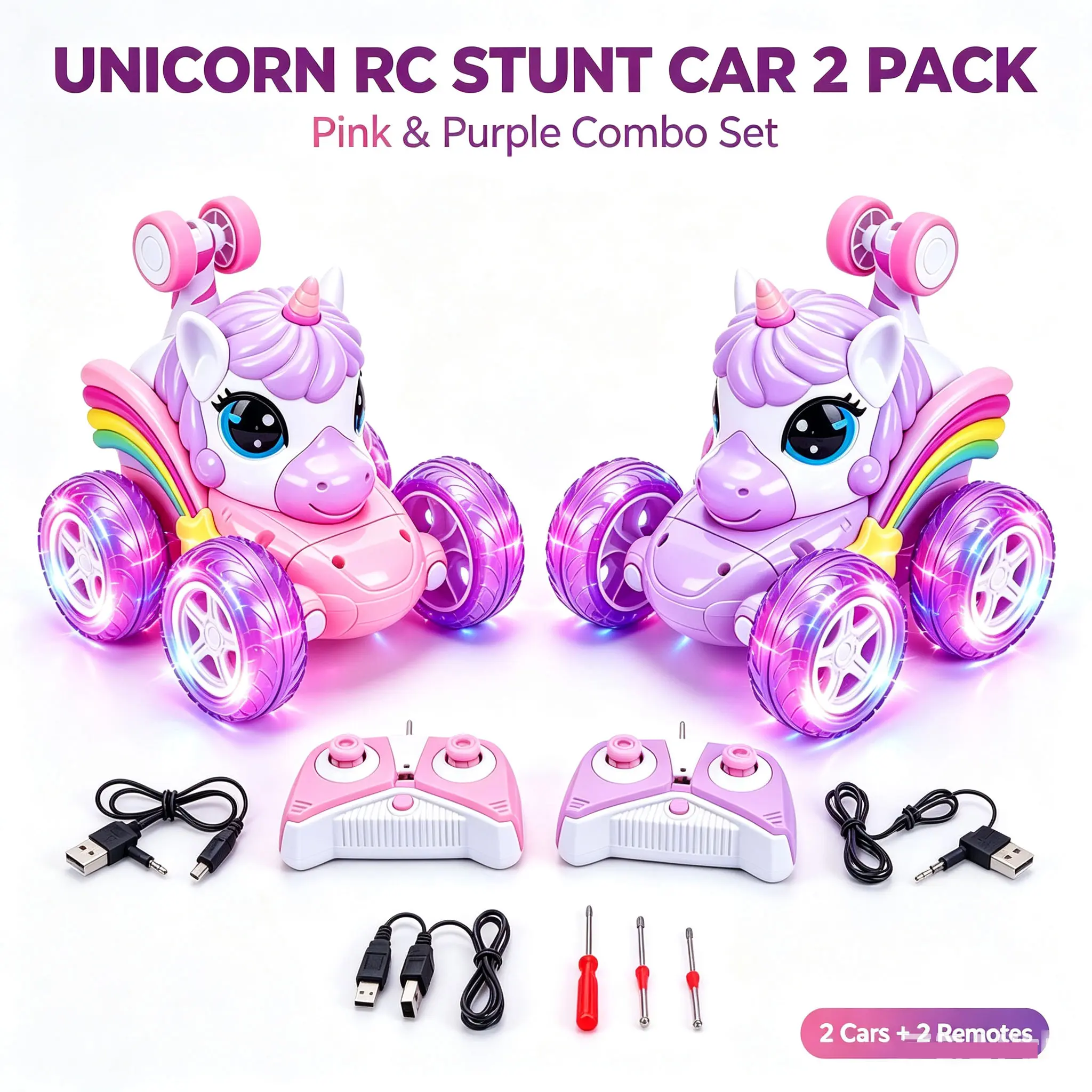 Girlset 2-Pack Pink & Purple Unicorn RC Stunt Cars for Girls, Built-in LED Lights, 360° Flip Mode, Rechargeable Tumbling Design, Mater Toy, Interactive Model Collection, Kids' Birthday Gift