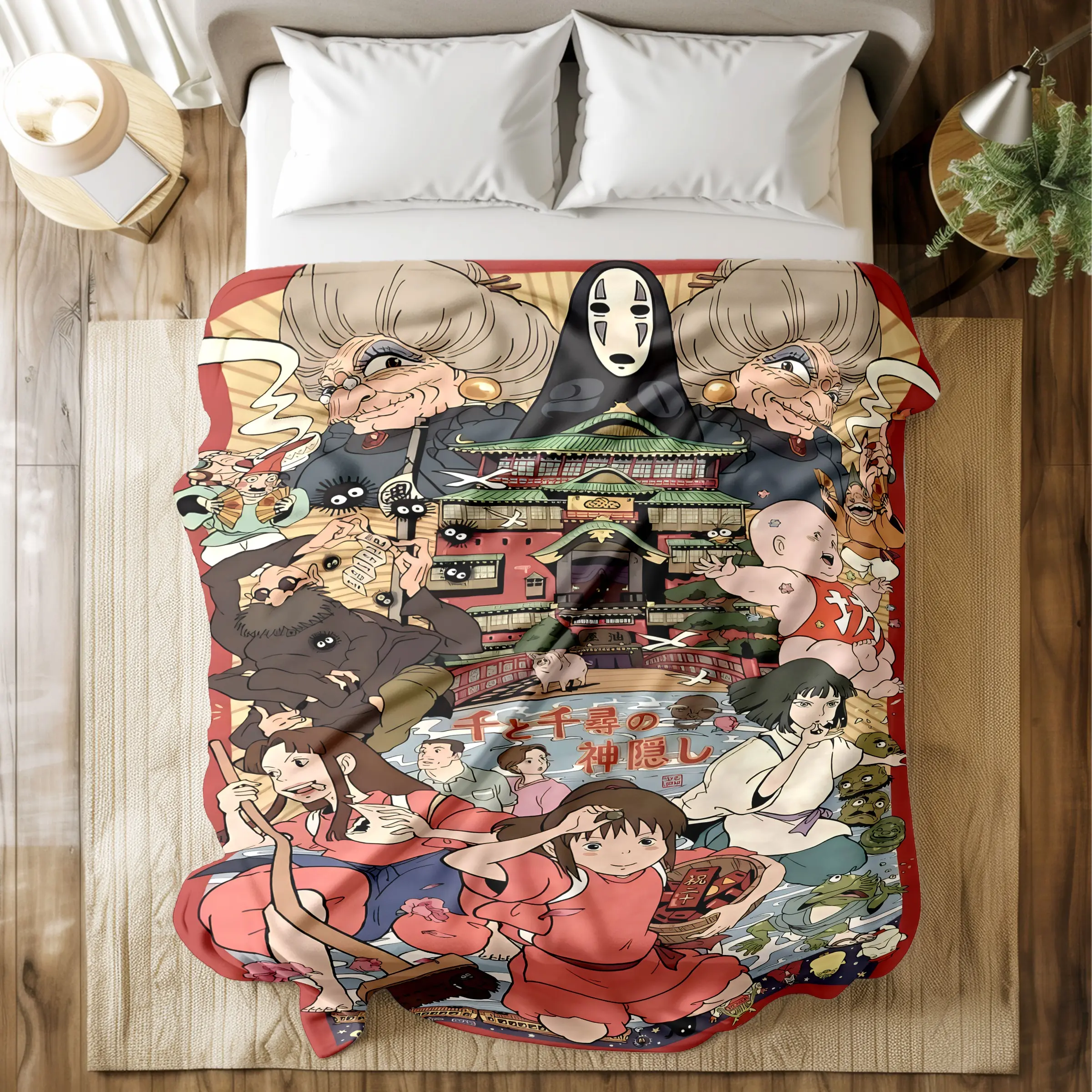Spirited Away Anime Printed Flannel Blanket with All-Character & Bathhouse Scene Print - Soft & Skin-friendly, Long-Lasting & Quick-Drying, Machine Washable, Multi-Size for Bed, Sofa, Blanket Gifts, Ideal Gift for Studio Ghibli Fans