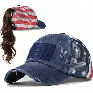 Women's Vintage America 250 Patriotic High Ponytail Baseball Cap - USA Flag Embroidered, Criss Cross Design, Adjustable Mesh Snapback, 4th of July Gift, Summer Western Party Hat