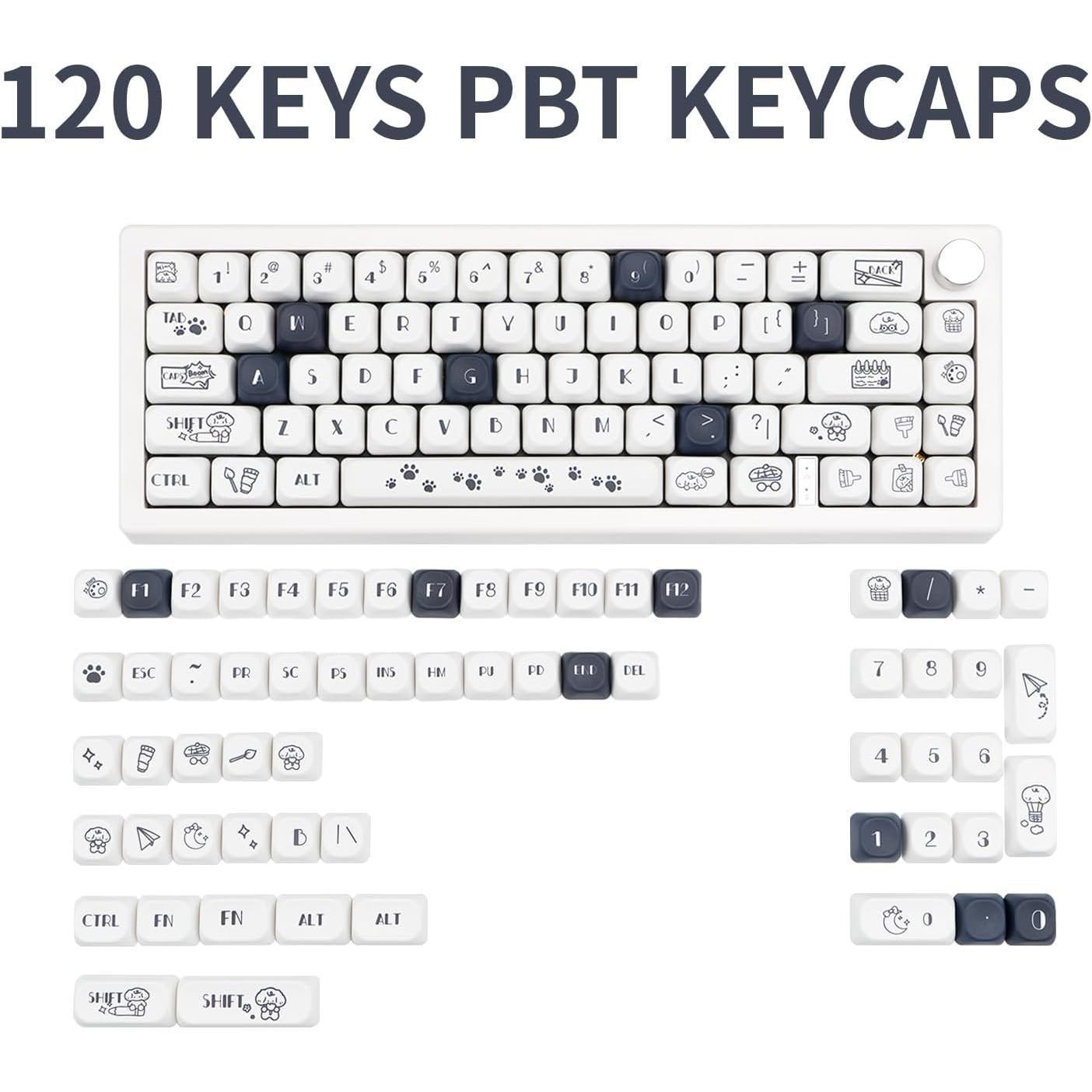 Cute Puppy Paws Theme Keycaps 120 Keys | Black White PBT Dye-Sub, MOA Profile, ANSI Layout Compatible with MX Cherry Mechanical Keyboards