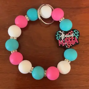 Blessed Mama Keychain with Teal and Pink Beads, Includes Tag, Keyring Attachment