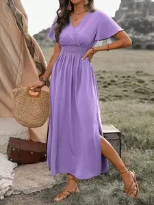 Solid Color Surplice Neck Elastic Waist Dress