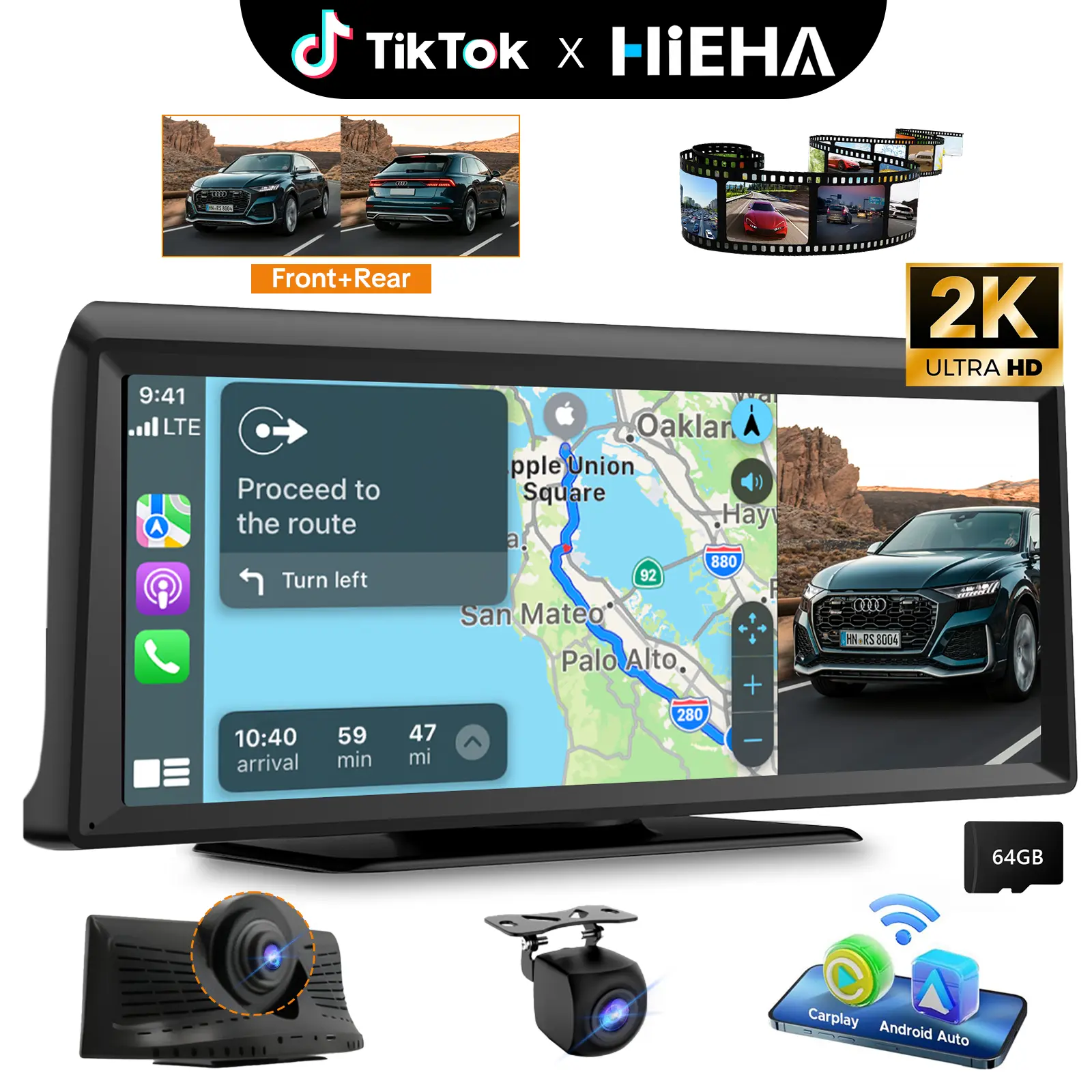 【HiEHA】2026 Dash Cam with 8.14" Wireless CarPlay Touchscreen, Wireless Carplay & Android Auto, 1080P Backup Camera, 2K Front, Mirror Link/Bluetooth/GPS Navigation/Satellite Radio for All Vehicles