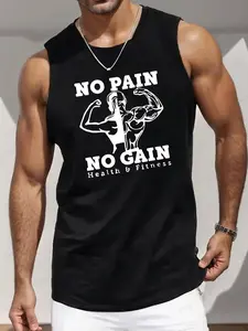Men's Regular Fit No Pain No Gain Print Top, Casual Comfy Sleeveless Top for Summer, Men's Top for Outdoor Workout, Muscle Tank Top, Sport Tank Top, Menswear