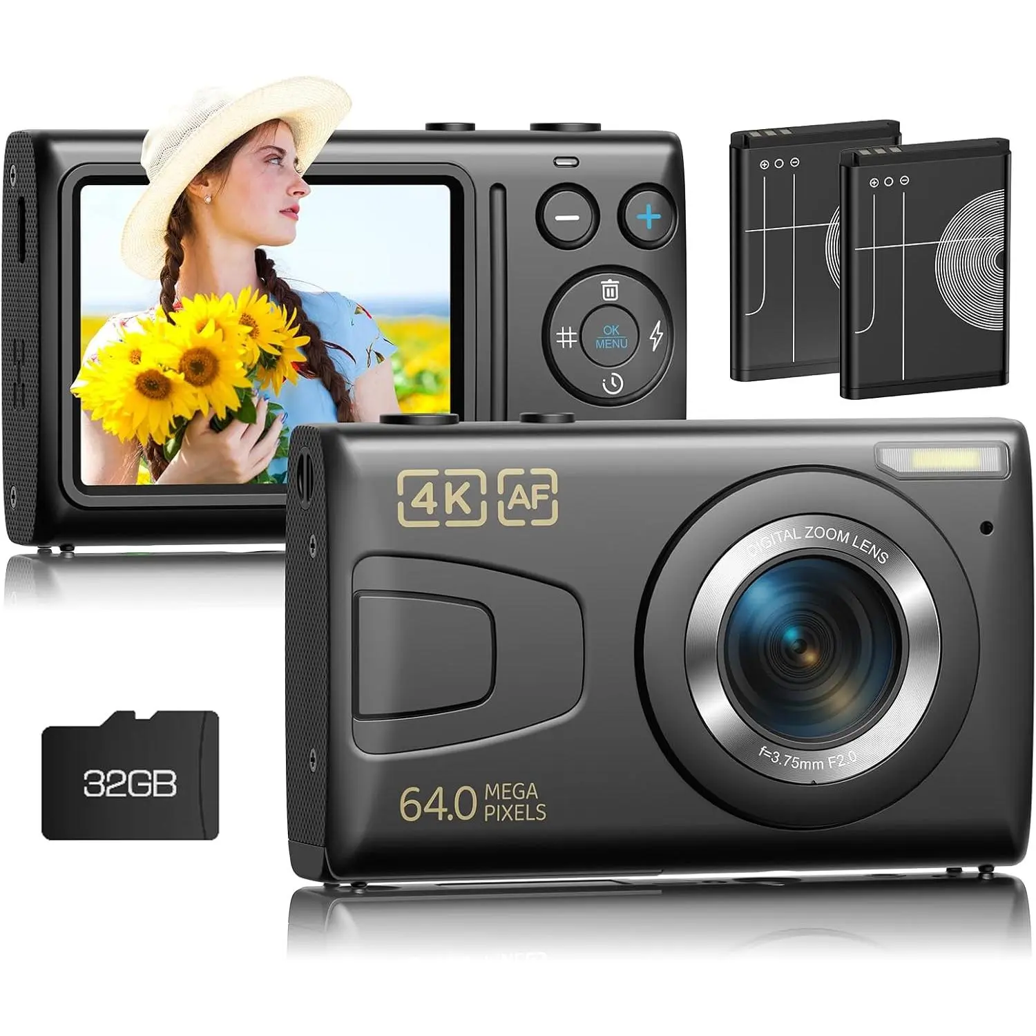 Digital Camera 4K Autofocus Vlogging Camera with 32GB Card, 64MP 18X Zoom Digital Video Camera, Portable YouTube Compact Point Shoot Camera for Teens Adult Beginner(Black)
