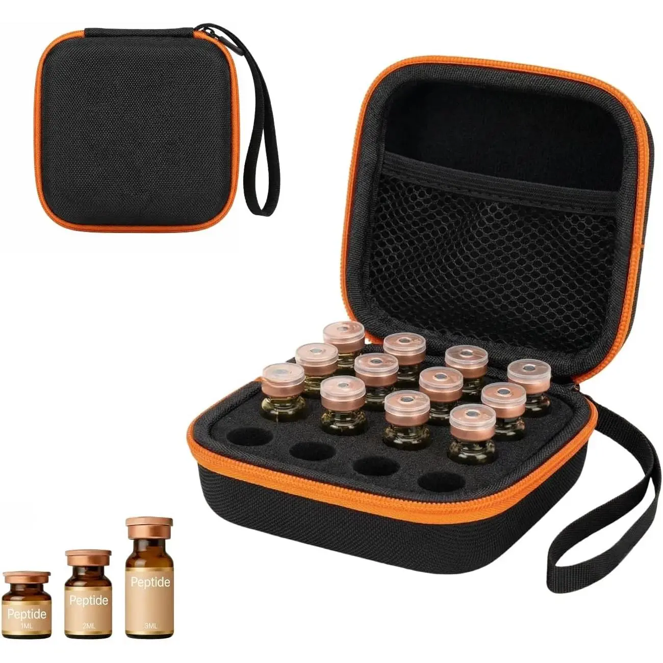 16-Slot Insulin/Vials Peptide Storage Box with Carry Handle, Lightweight Hand-Held Home Organizer, 360-Degree Accessible Black Case with Bold Orange Zipper, Freezer-Safe Fridge & Travel Bin