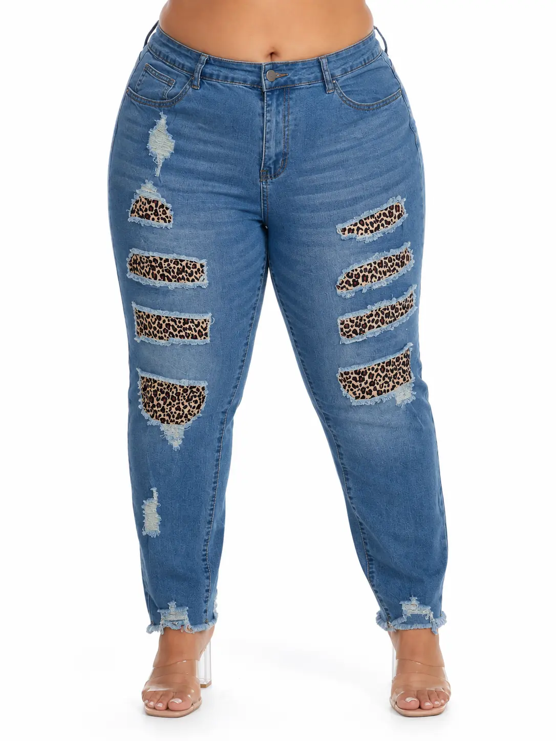 Women’s Plus Size High Waisted Leopard Print Ripped Denim Capri Jeans, Distressed Streetwear Bottoms with Durable Fabric (Pair with Tees, Tops for Curvy Styles), Everyday