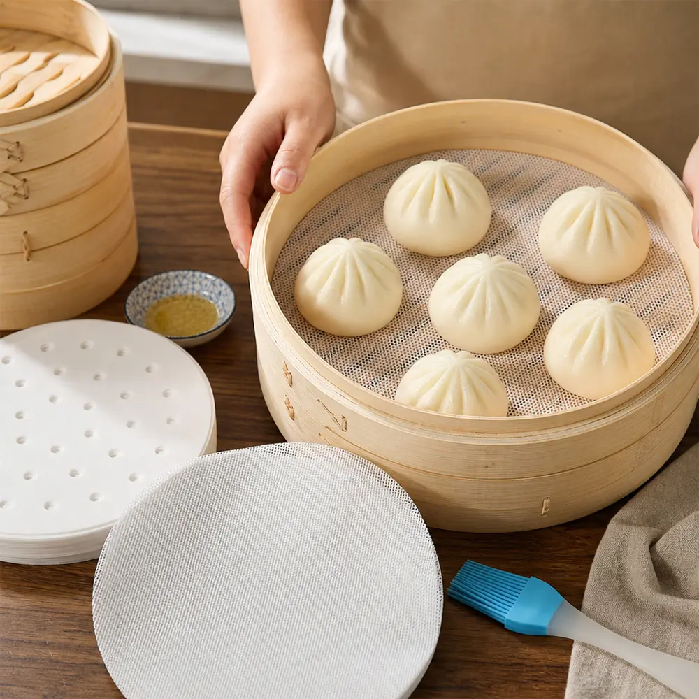 5pcs 25cm Round Heat-Resistant Silicone Steamer Pads + 200 Multi-Piece Round Nonstick Parchments (100% Food Grade Pulp) + 1 Silicone Basting Brush Set, Reusable Mesh Pad for Bamboo Steamer, Dumplings, Heat-Resistant Silicone Parchments, Multi-Piece Nonsti