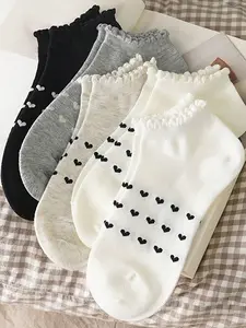 5 pairs of women's Graphic Ankle Socks, with cartoon heart patterns, suitable for all seasons, simple and comfortable, Cute Textured Socks, Casual Daily Socks, Sock Set