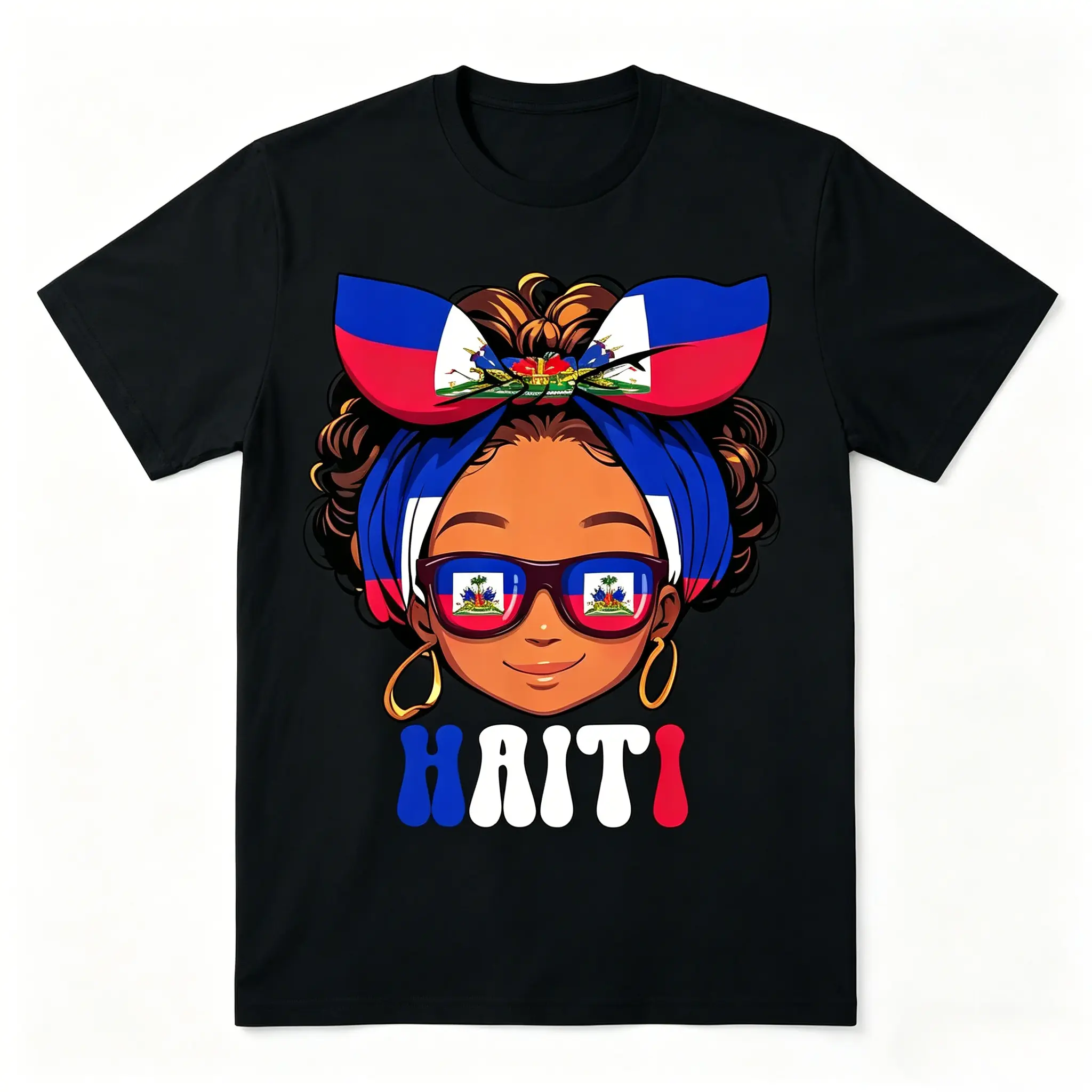 Women's Oversized Crew Soft Cotton Shortsleeve Graphic Sports Top - Haitian Girl Messy Hair Print, Haiti Pride Flag, Sporty Chic Casual Loose Fit, Fabric, Hand Wash Only, Check Size Chart, Do Not Iron, Tumble Dry, Round Neck