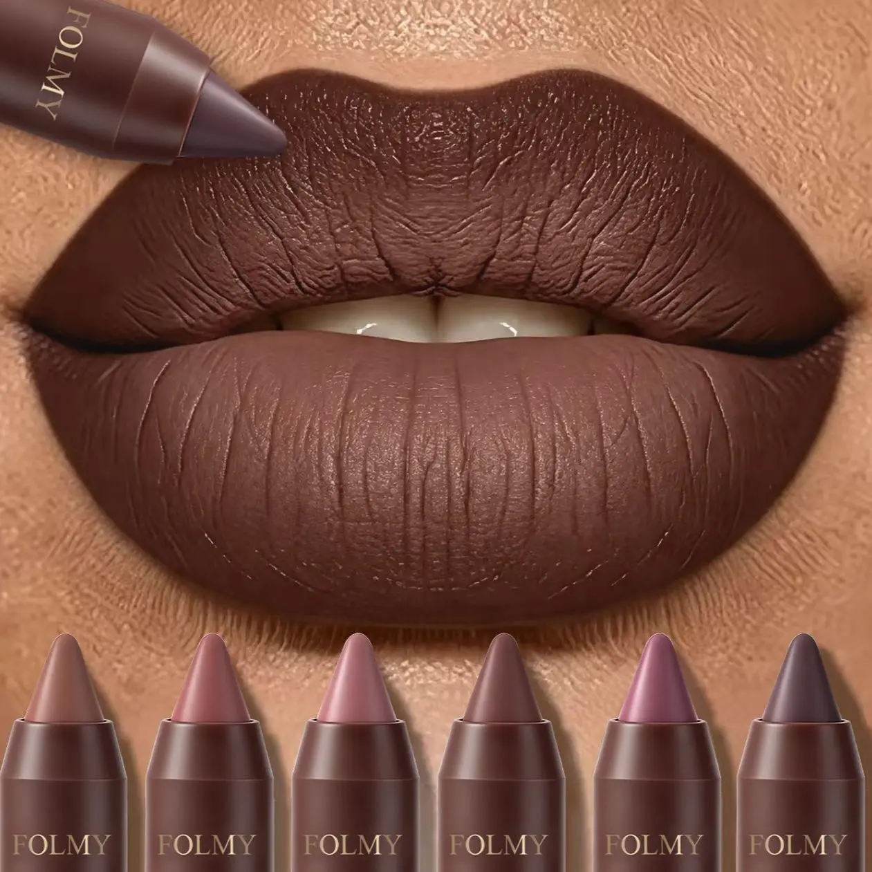 FOLMY 6Pcs Matte Creamy Lipstick Pencil Set - Long-Lasting, Waterproof, Transferproof, Hydrating Solid Lip Pens with Nude Brown Shades, Makeup for All Types, Smooth Cosmetics for Students
