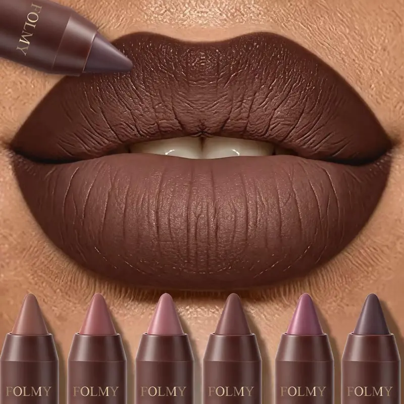 6PCS Matte Creamy Lipstick Pencil Set - Smooth, Glossy, Long-Lasting, Waterproof, Transferproof, Hydrating, Moisturizing Lip Liner Pens with Nude Brown Shades, Flawless Daily Makeup for Students, Limited Ed Cosmetics