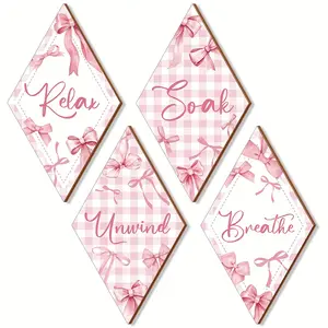 4pcs Pink Bow Bathroom Decor Set - Playful Wooden Wall Art for Home, Laundry Room, and Toilet - Adorable "Relax, Soak, Breathe" Signs, Perfect for Country Cottage Living Room Decoration