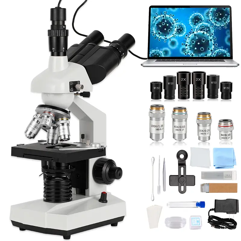 Laboratory-Grade 3-Eye Microscope, 40X-5000X High Magnification Zoom, Dual Mechanical Stages, Computer USB HD Electronic Eyepiece, 10x/25x & 4X/10X/40X/100X Objectives, Bottom LED Light Source, for Scientific Research & Student Use, Scientific Research Us