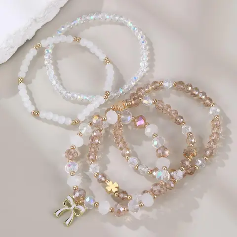 Bow Charm Decor Beaded Bracelets, 5 Counts Beaded Bracelets, Fashionable Jewelry for Women & Girls, Trendy All-match & Exquisite Jewelry for Birthday Gift, Beaded Bracelets Set