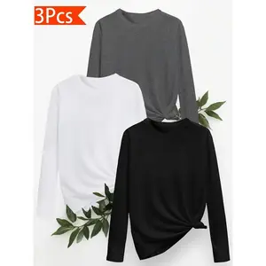 For Youself- Multi Pack Solid Color Crew Neck Short Sleeve & Long Sleeve T-Shirt for Women - Black White Grey - Casual Summer Top - Everyday Wear Gift for Mom