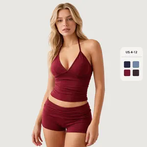 Women's Sporty Adjustable Halter Stretch Cropped Camisole & Folded Waist Shorts Co-ord, Workout Backless Solid Color Tracksuit, Chic Two Piece Outfits(CN)