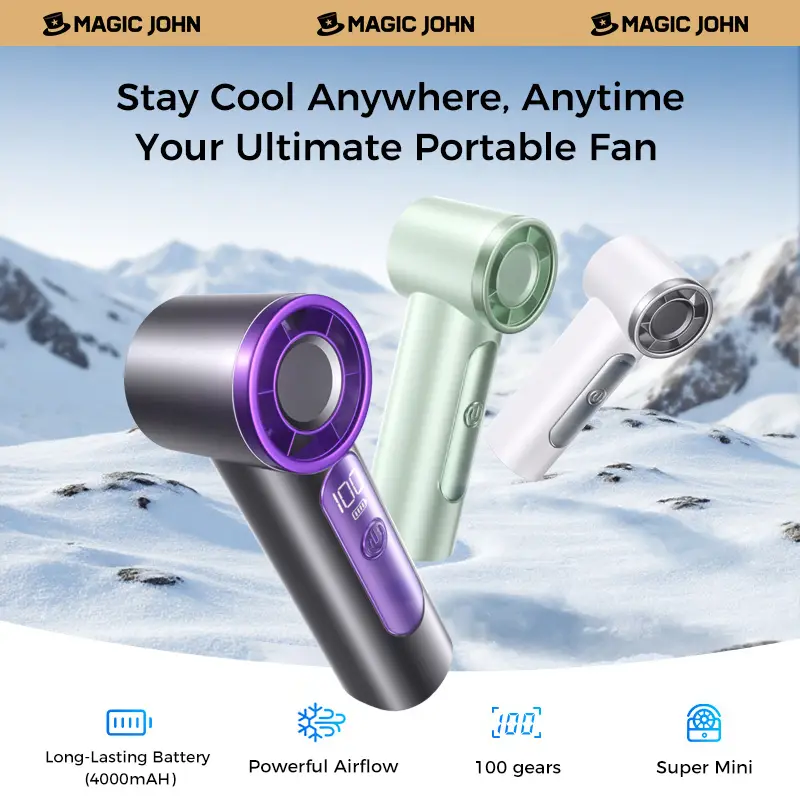 MAGIC JOHN Mini Handheld Fan with LED Display – Powerful Wind, USB Rechargeable, Stylish & Ultra-Portable Personal Fan for Travel, Office, Home
