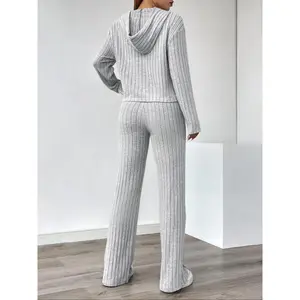 Women's solid color off shoulder drawstring hooded sweatshirt and pants ribbed two-piece set, casual, fashionable, comfortable, breathable two-piece daily outdoor clothing, all season women's clothing, matching set