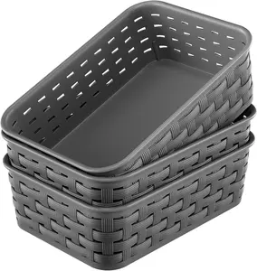 3 Pack Small Plastic Storage Baskets – Wicker Style Organizer Bins for Pantry, Kitchen, Cabinets, Bathroom, Laundry Room & Countertops – Durable Household Storage Containers (Dark Gray)