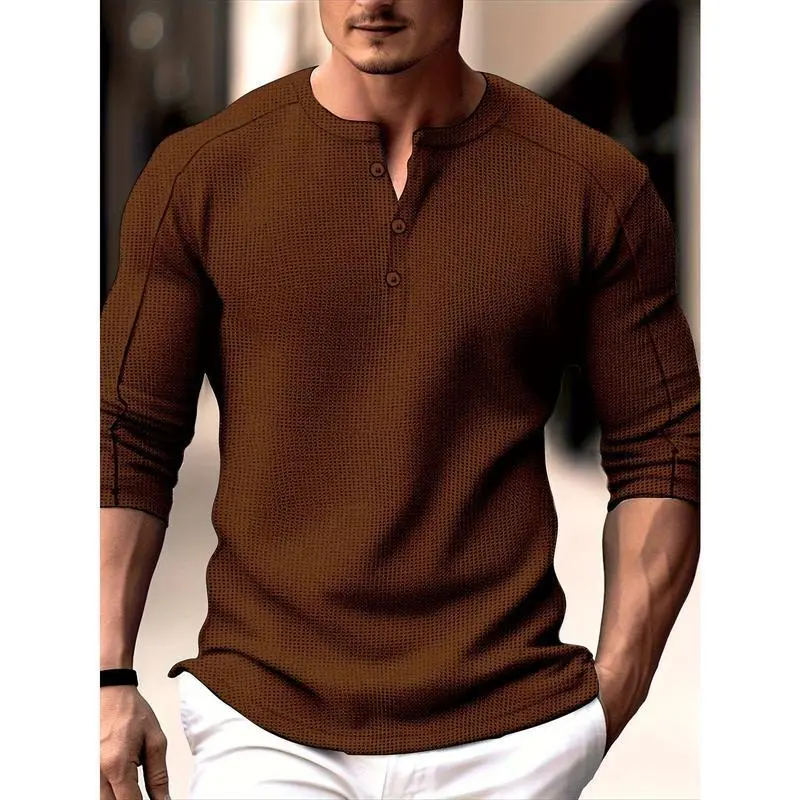 Men's Long Sleeve Waffle Knit Henley Shirt - Solid Color Casual Button Top, Autumn Winter Crew Neck Pullover, Machine Washable, Regular Fit Versatile Style, Weekend Outfit, High-Quality Fabric Polyester Beige Plain White Knitwear Menswear
